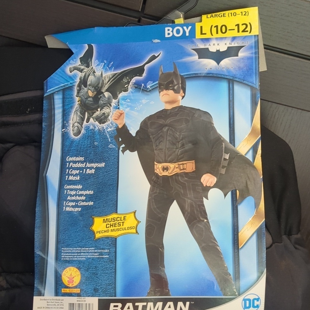 Batman Dark Night Costume with Cape, Mask, Belt - Size L 10-12 NWT
